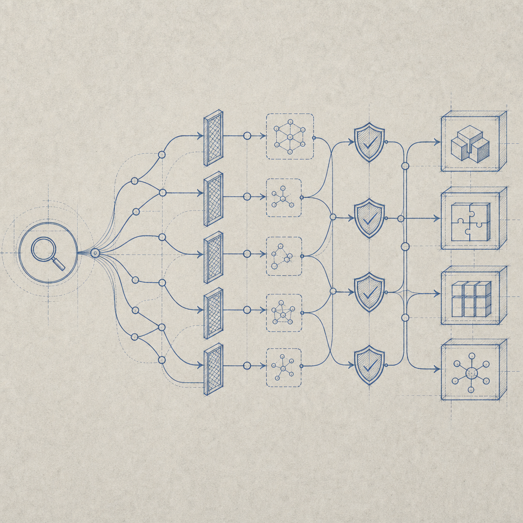 abstract flow from search query to safe integration choices, no text in image