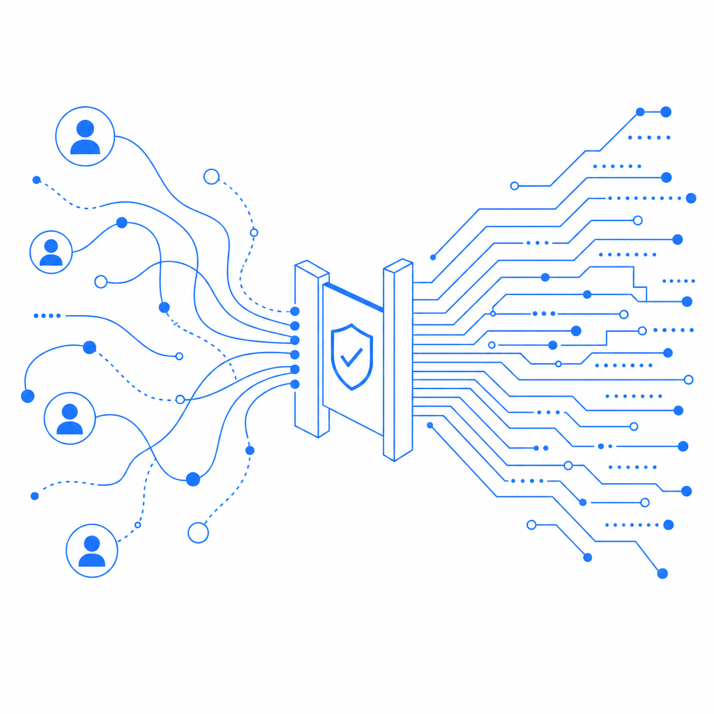 abstract flow of human signal vs automated traffic through a verification gate, 
