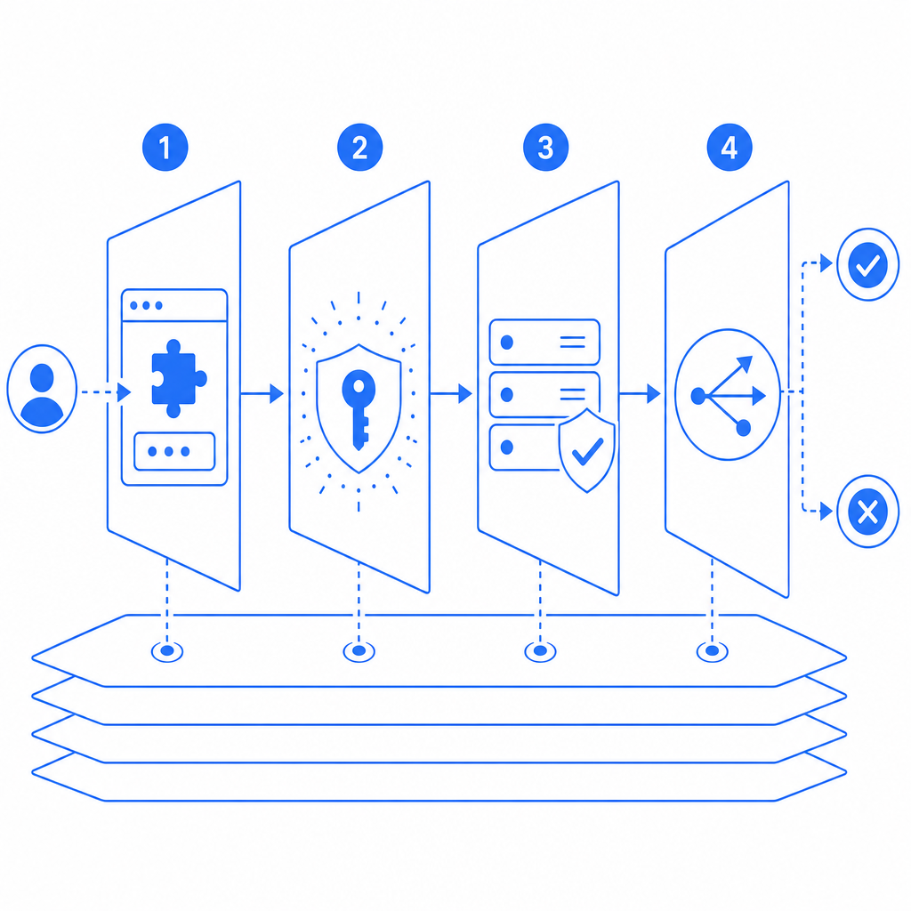 layered defense diagram showing client challenge, token, server validation, and 