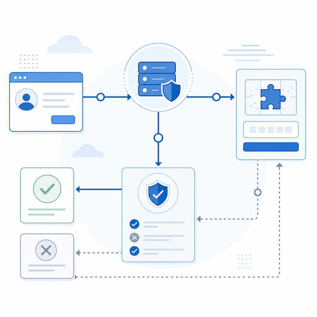 schematic flowchart of API interaction with captcha challenge issuance and valid