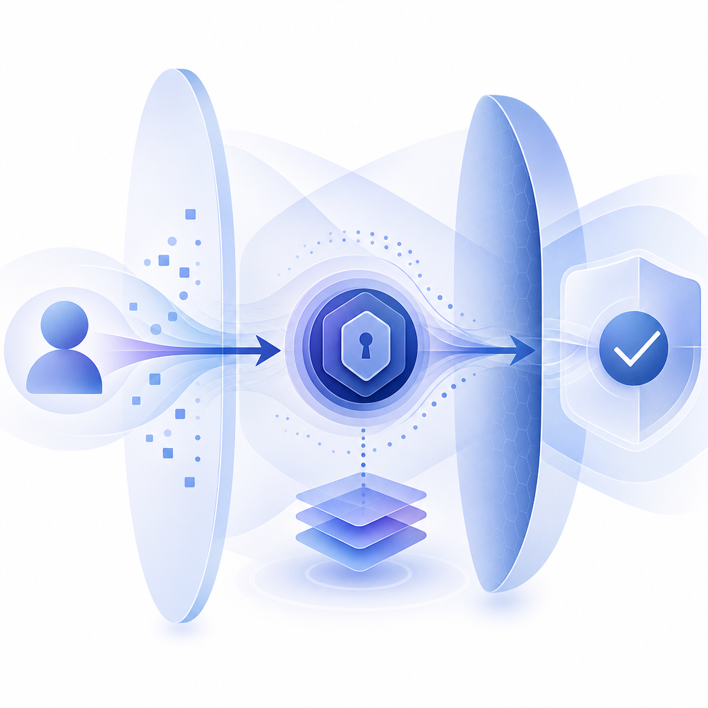 abstract flow of request, token issuance, and validation with privacy boundaries