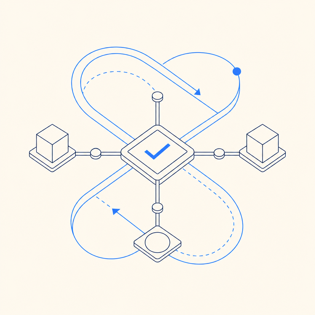 abstract looping motion path intersecting a decision node, representing animated