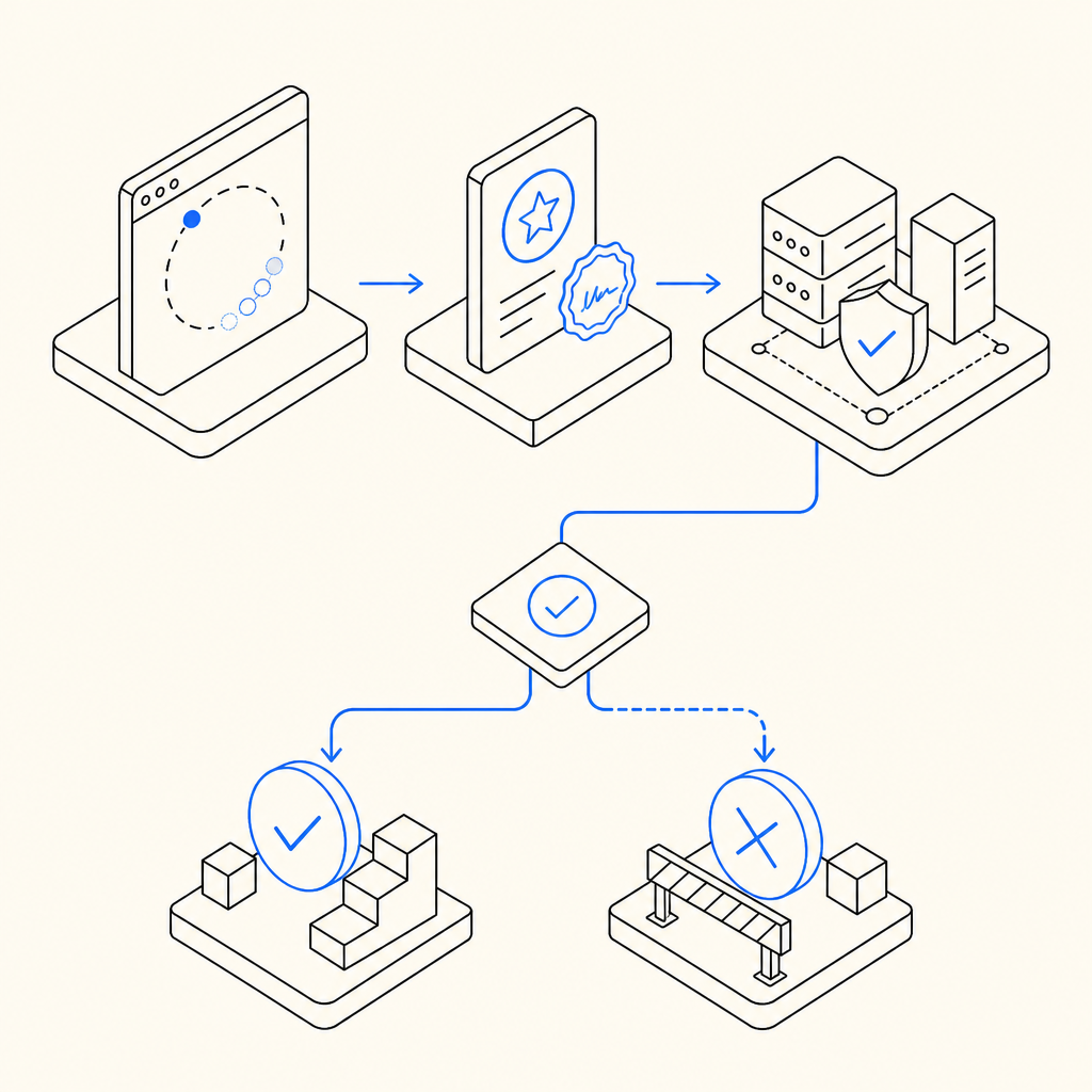 layered flow diagram from client animation to signed token to backend validation