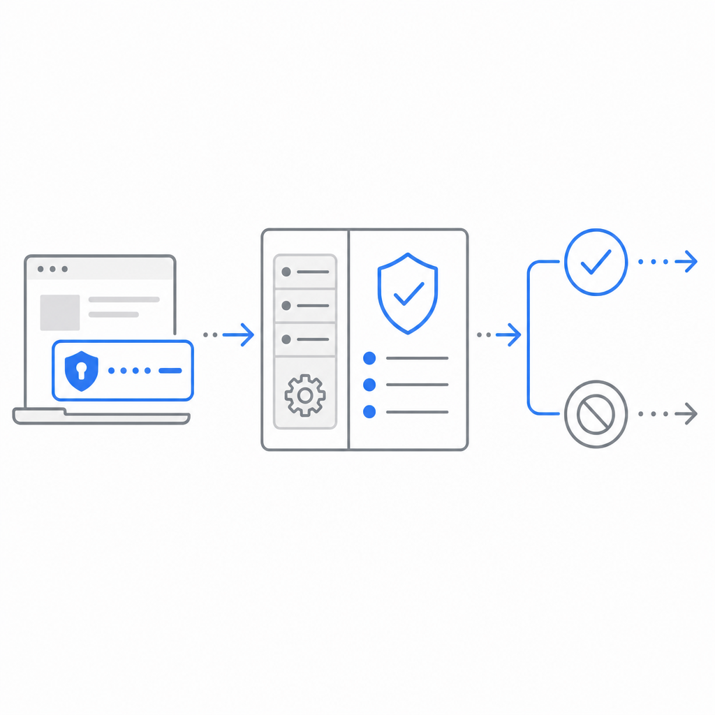 layered security pipeline from client token to server validation to allow/deny d