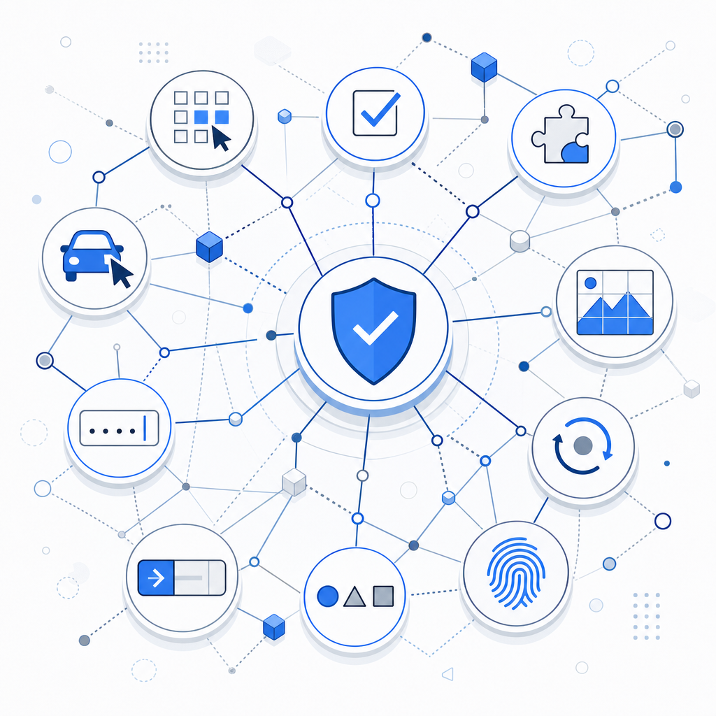 abstract security network with captcha icons representing various challenge type