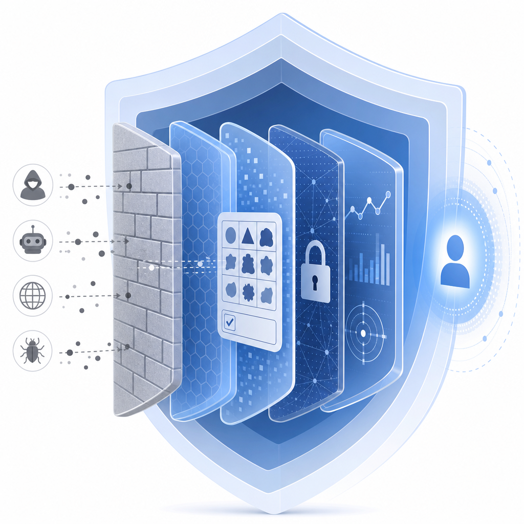 layered cybersecurity shield with captcha as a key layer among other defenses