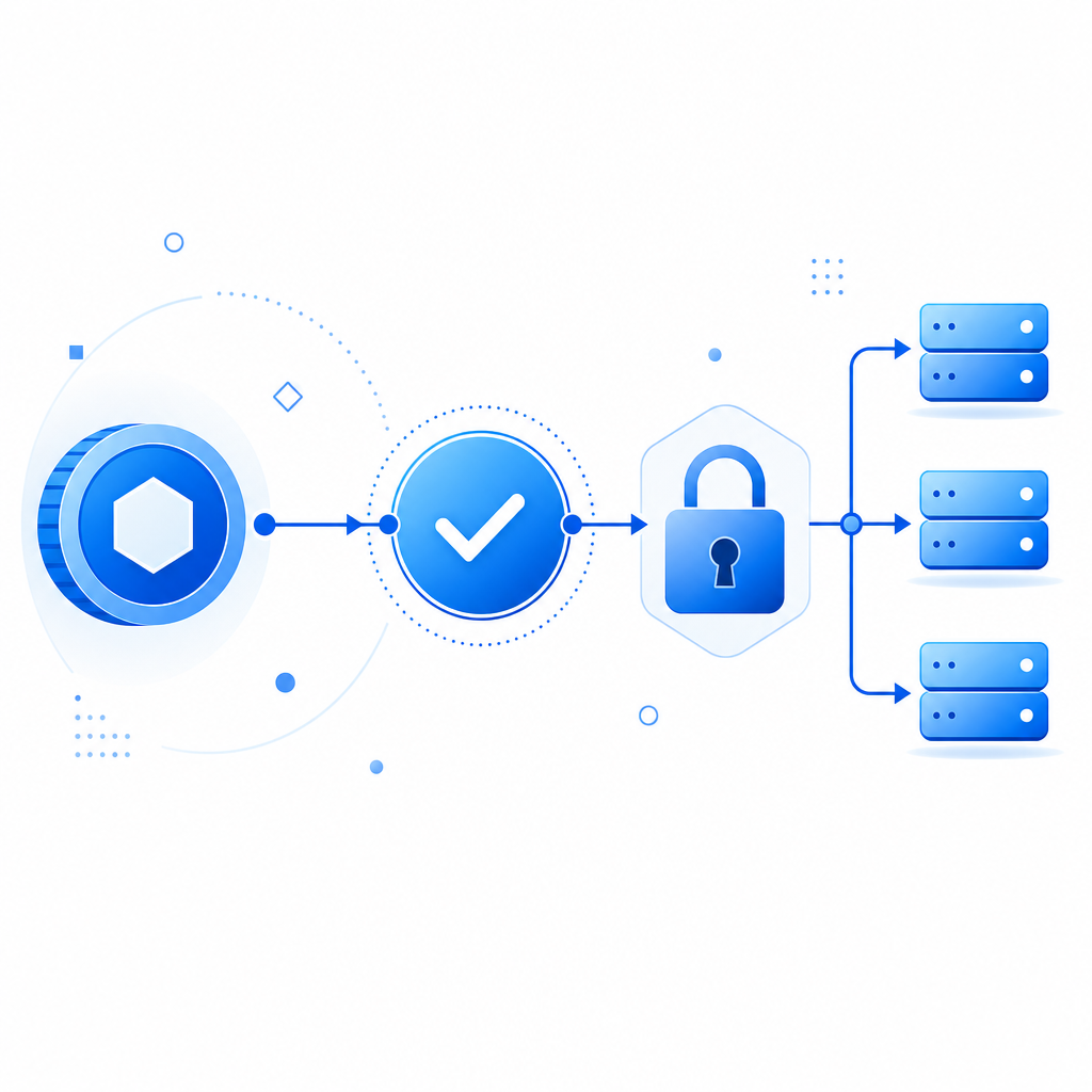 abstract verification flow diagram with token, checkmark, lock, and server nodes
