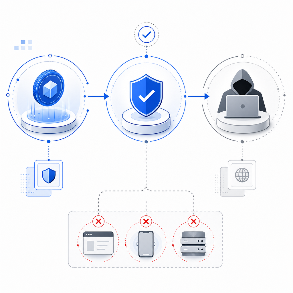 abstract flow diagram showing token issuance, validation, and replay attempts as