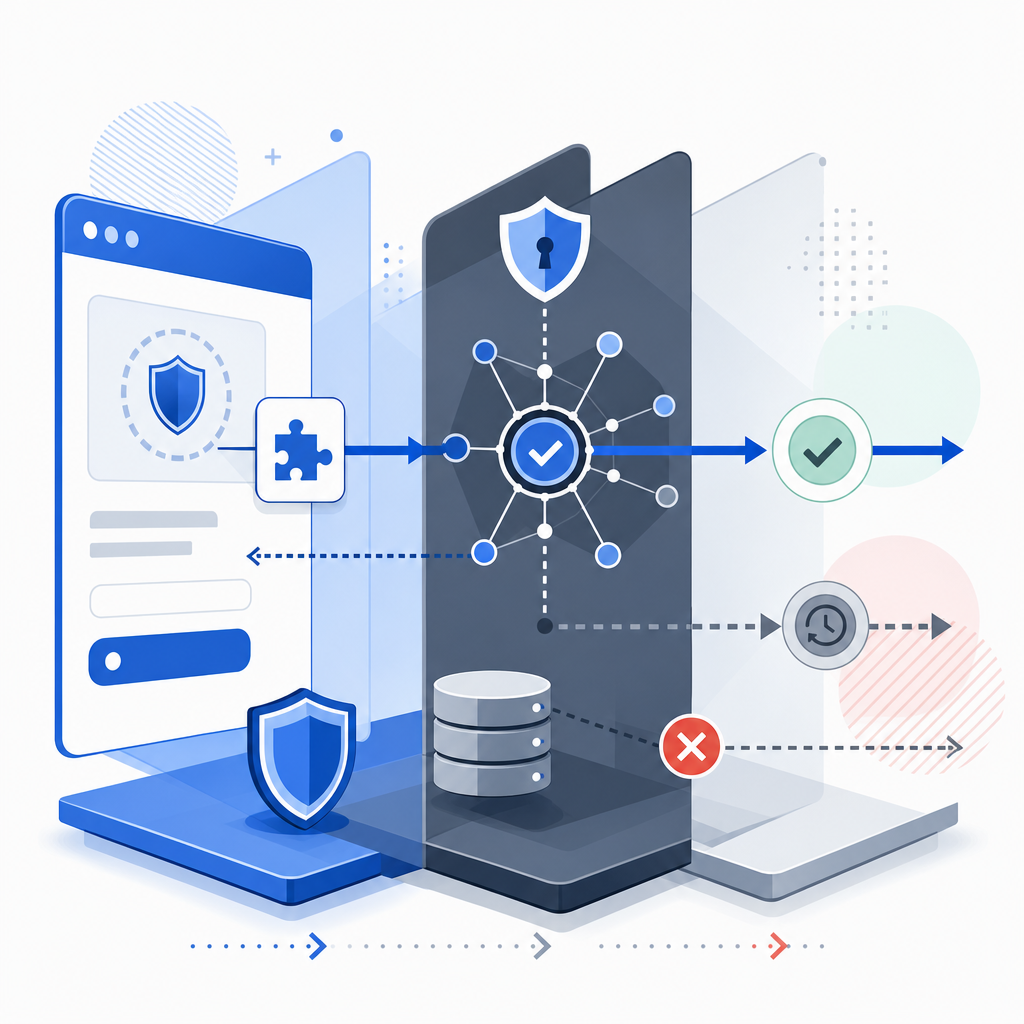 abstract layered security diagram showing frontend challenge, backend validation