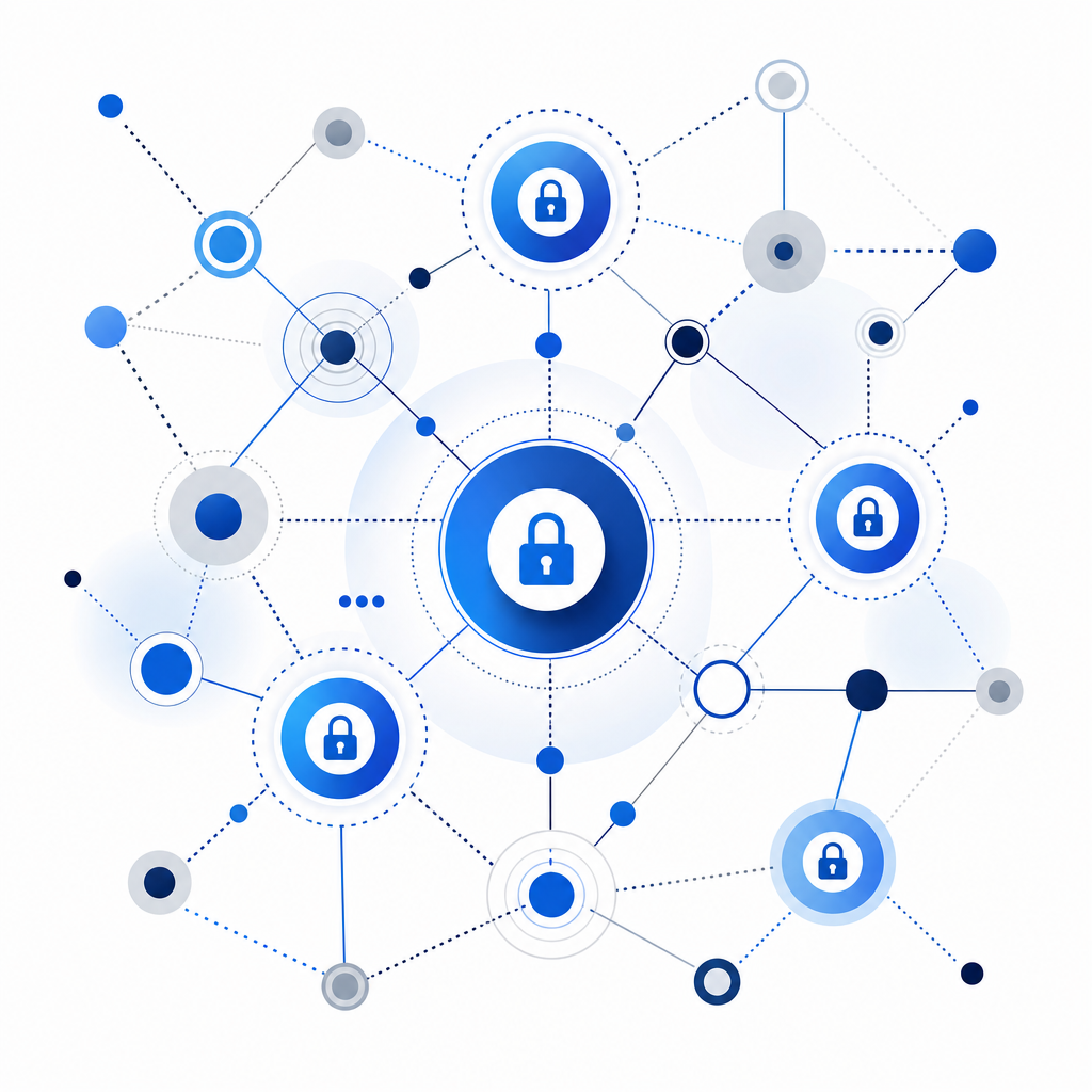 abstract network nodes with lock symbols symbolizing verification layers