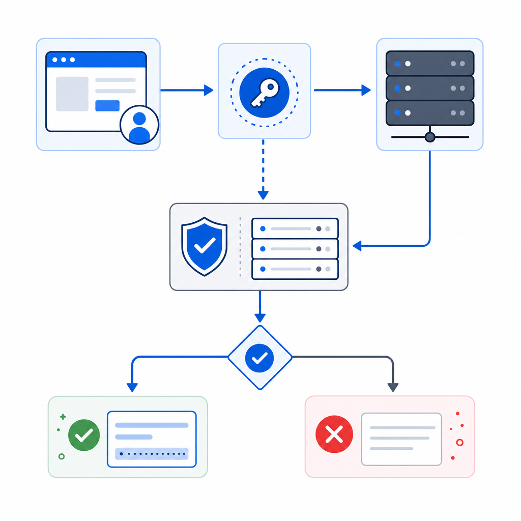 flowchart illustrating token request, client-server validation, and decision