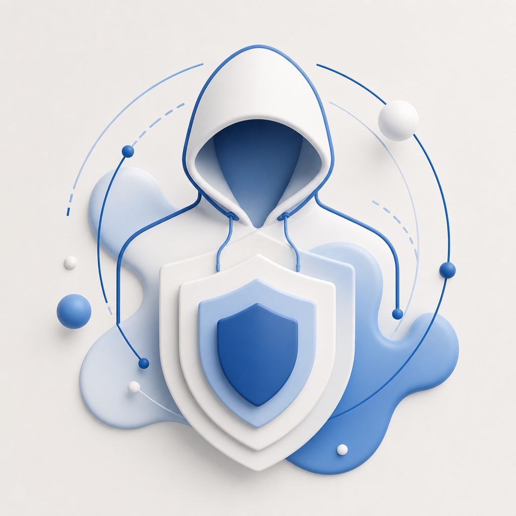 abstract hoodie outline with layered shield and signal lines, diagrammatic style