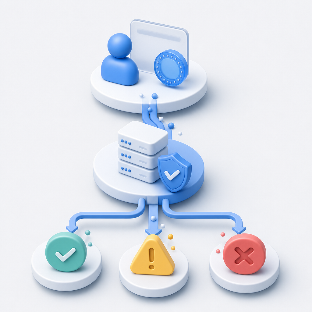 layered diagram of client token, server validation, and risk decision flow, abst