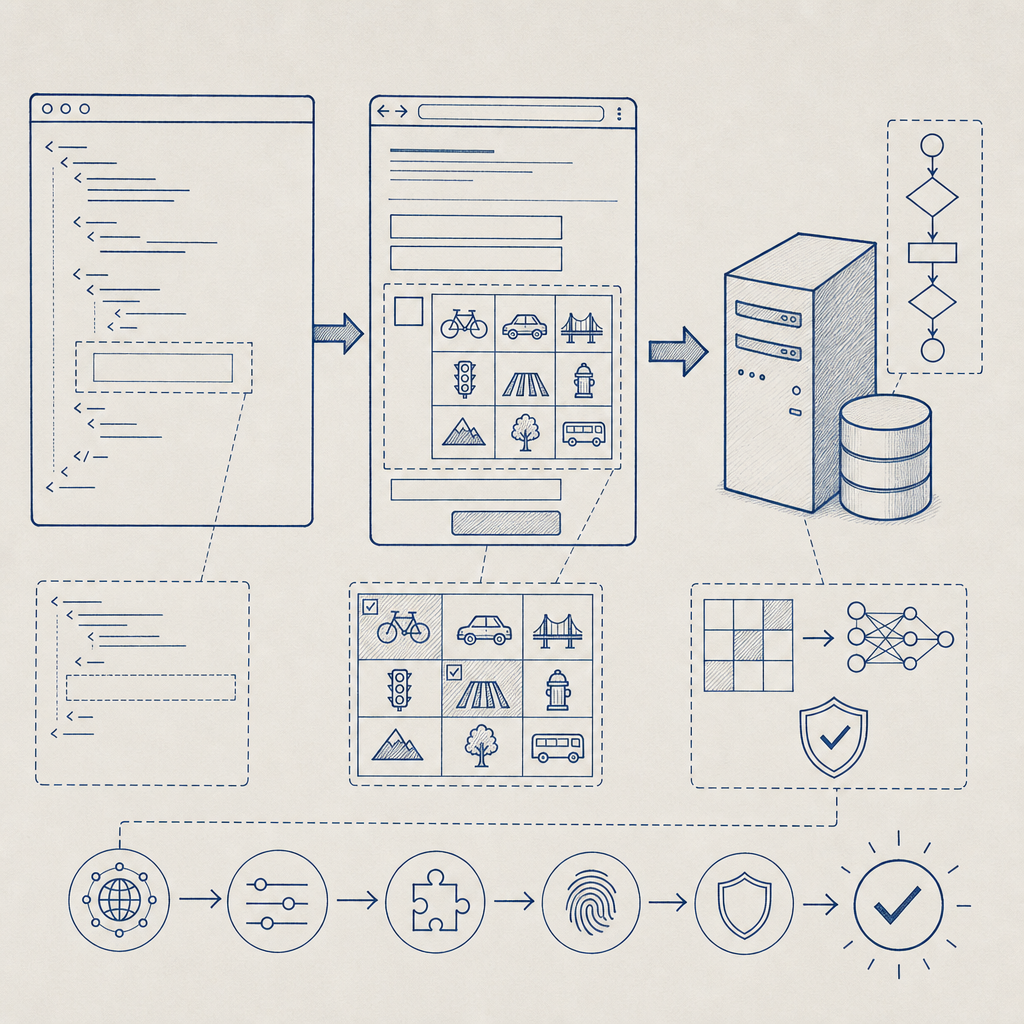 flowchart showing captcha html snippet leading to user challenge and server vali