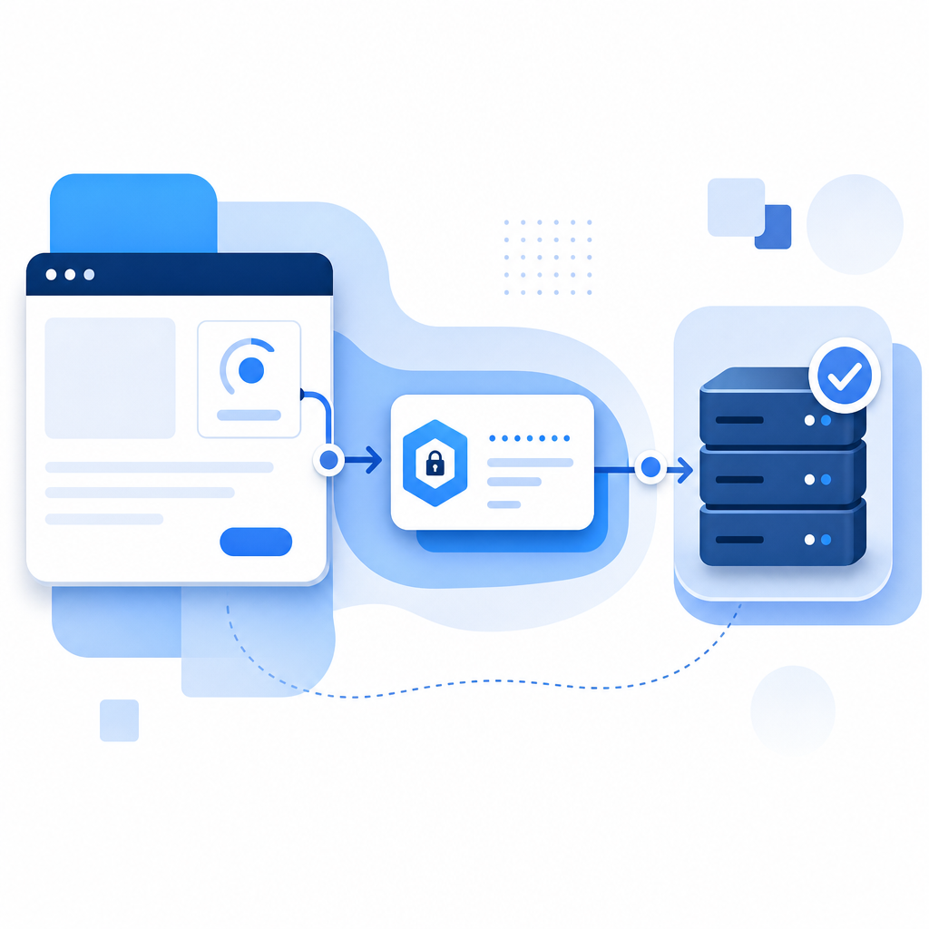 layered form flow showing browser widget, token, and server verification path