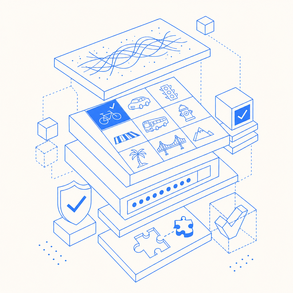 Abstract CAPTCHA visual components layered in blocks