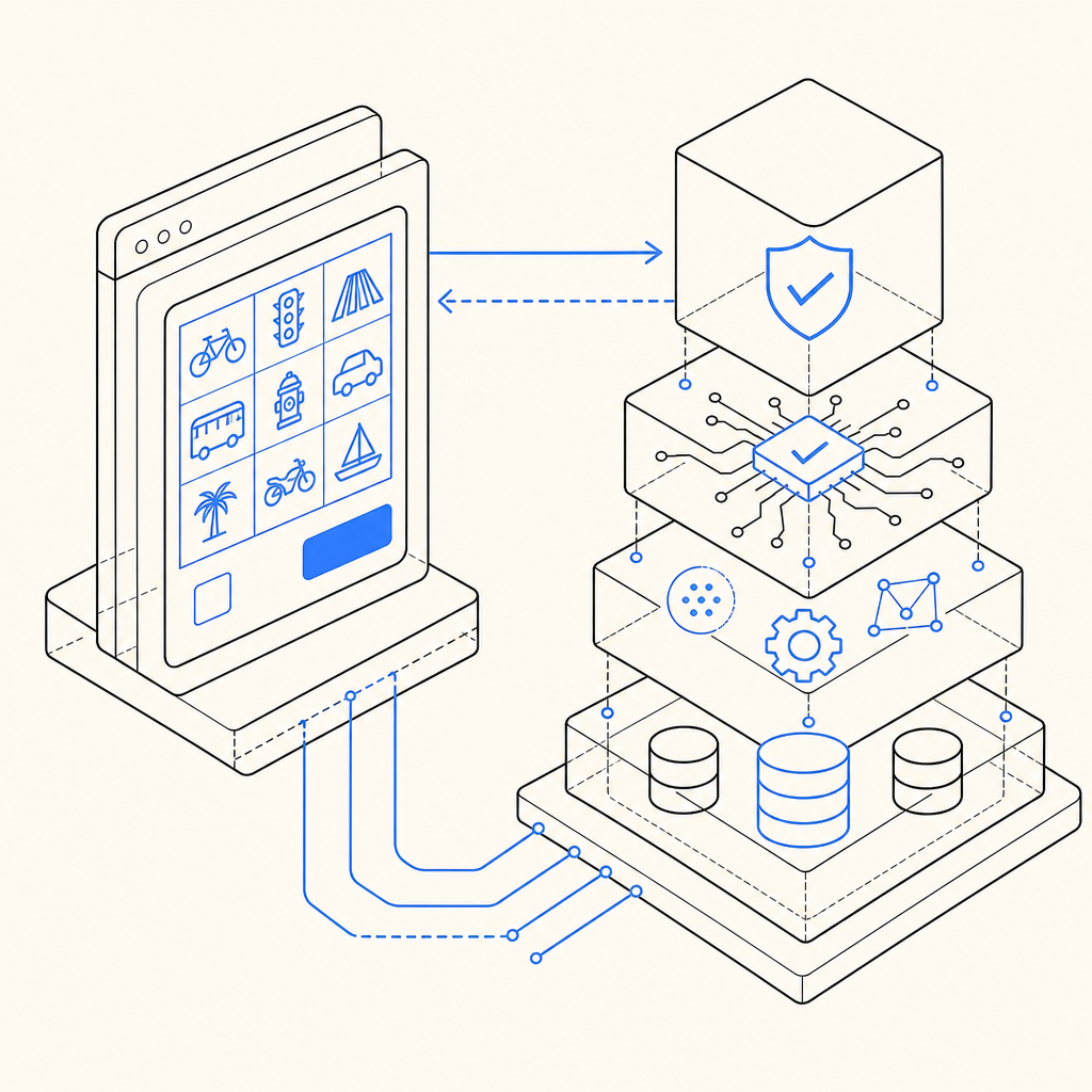 Layered blocks showing front-end CAPTCHA challenge and back-end validation flow