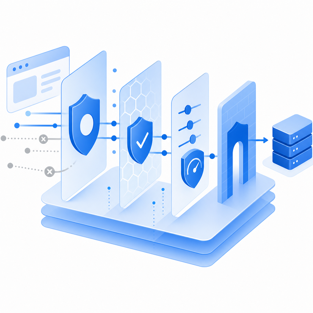 abstract layered defense diagram showing browser, validation API, rate limits, a