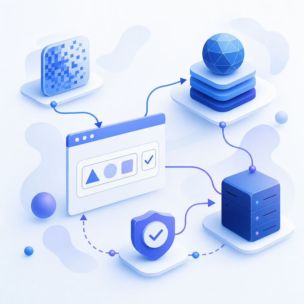 abstract flow diagram of captcha asset request, browser, CDN, and server validat