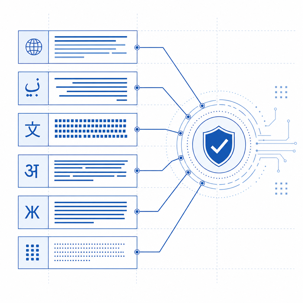 abstract multilingual text blocks converging into a single verification node