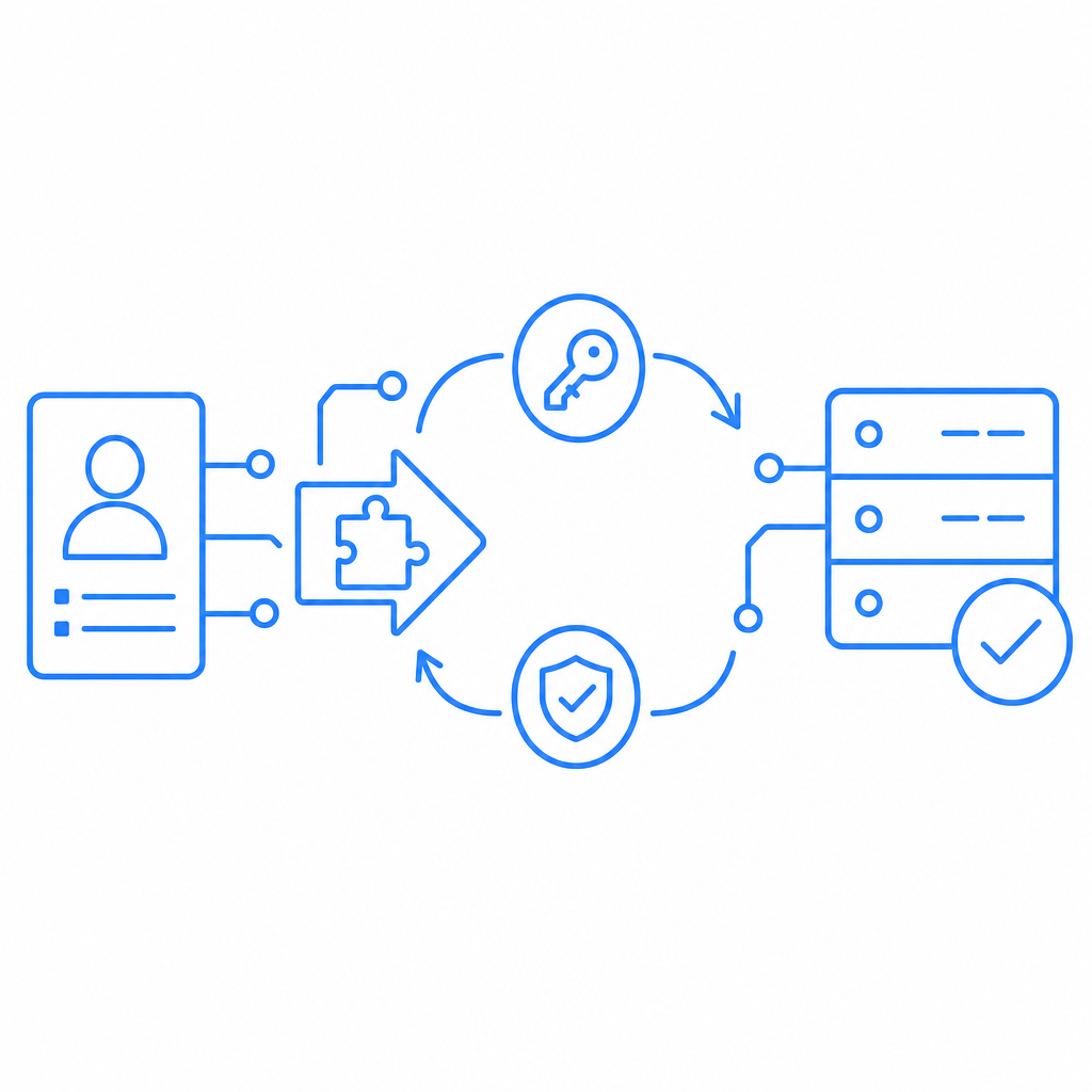 abstract flow diagram from client challenge to server validation with token arro
