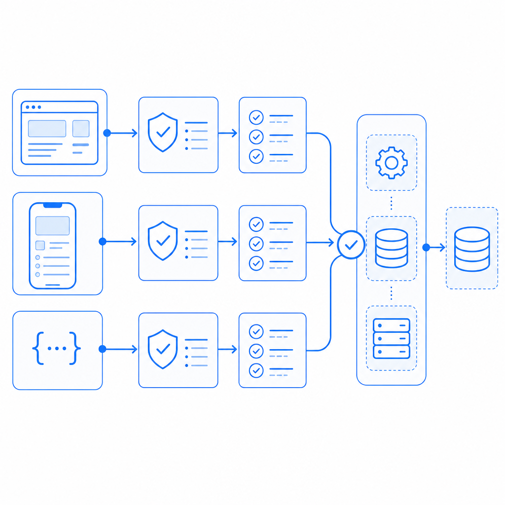 layered architecture diagram showing web, mobile, and backend validation paths