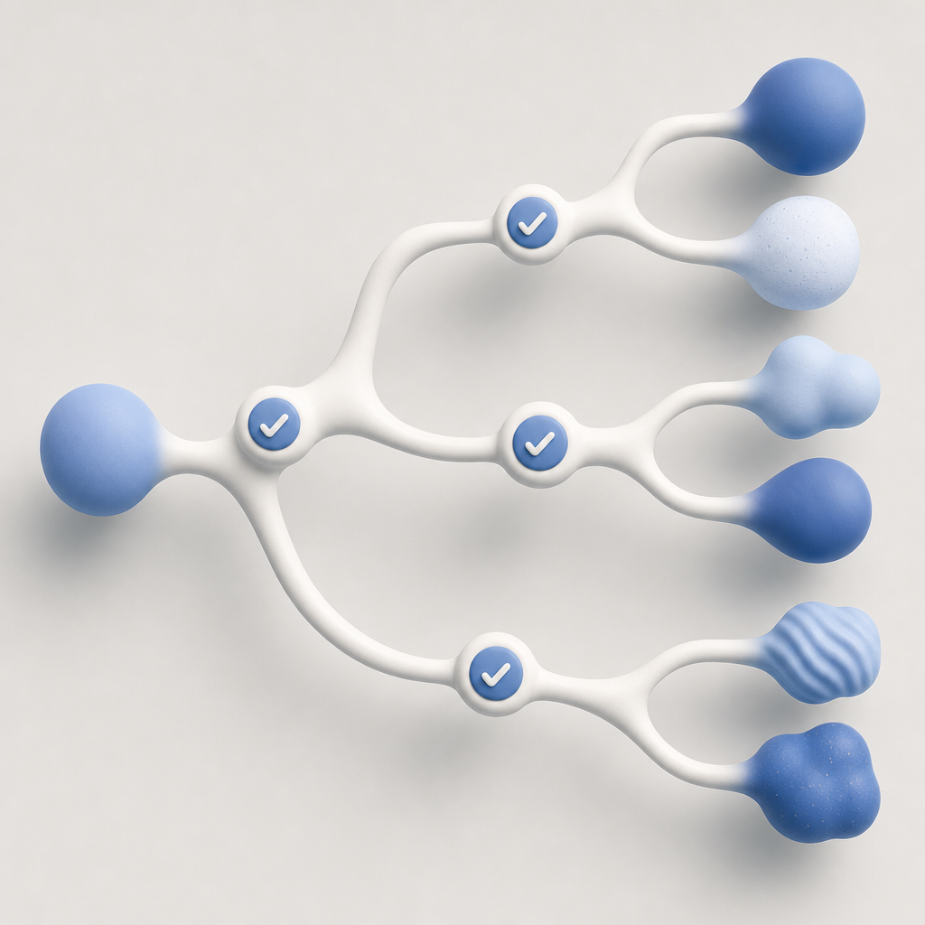 abstract decision tree comparing provider options and validation checkpoints, no
