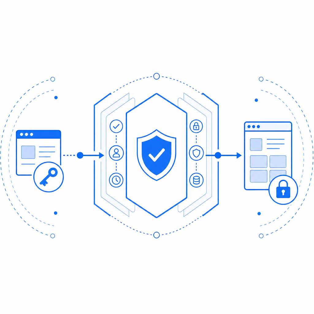 abstract layered security diagram with client token, API validation, and protect