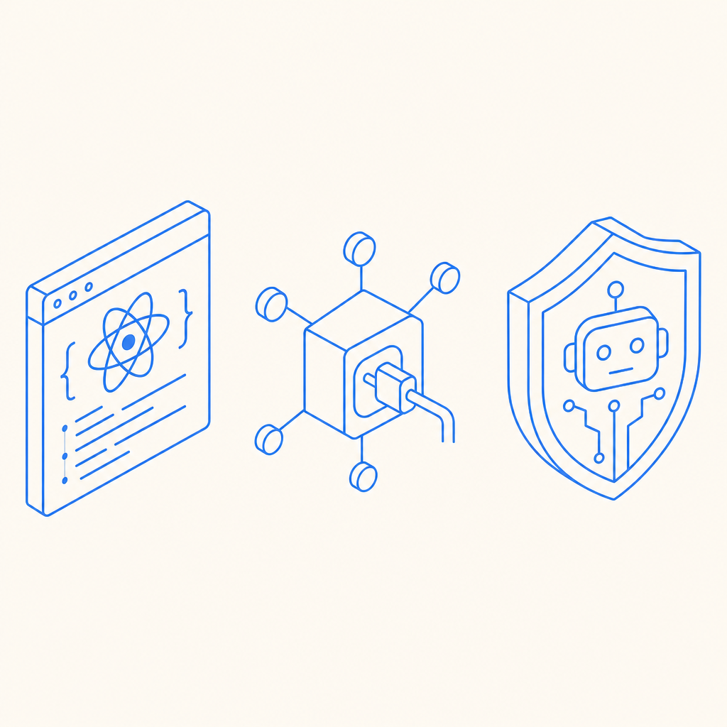 side-by-side icons representing React code, API, and bot protection shield
