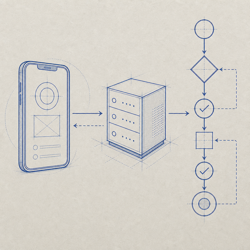 abstract mobile challenge flow with app, server, and validation arrows
