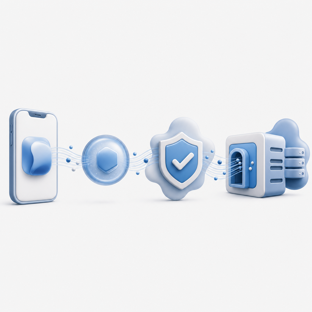 abstract flow showing iOS app, token, backend validation, and protected API