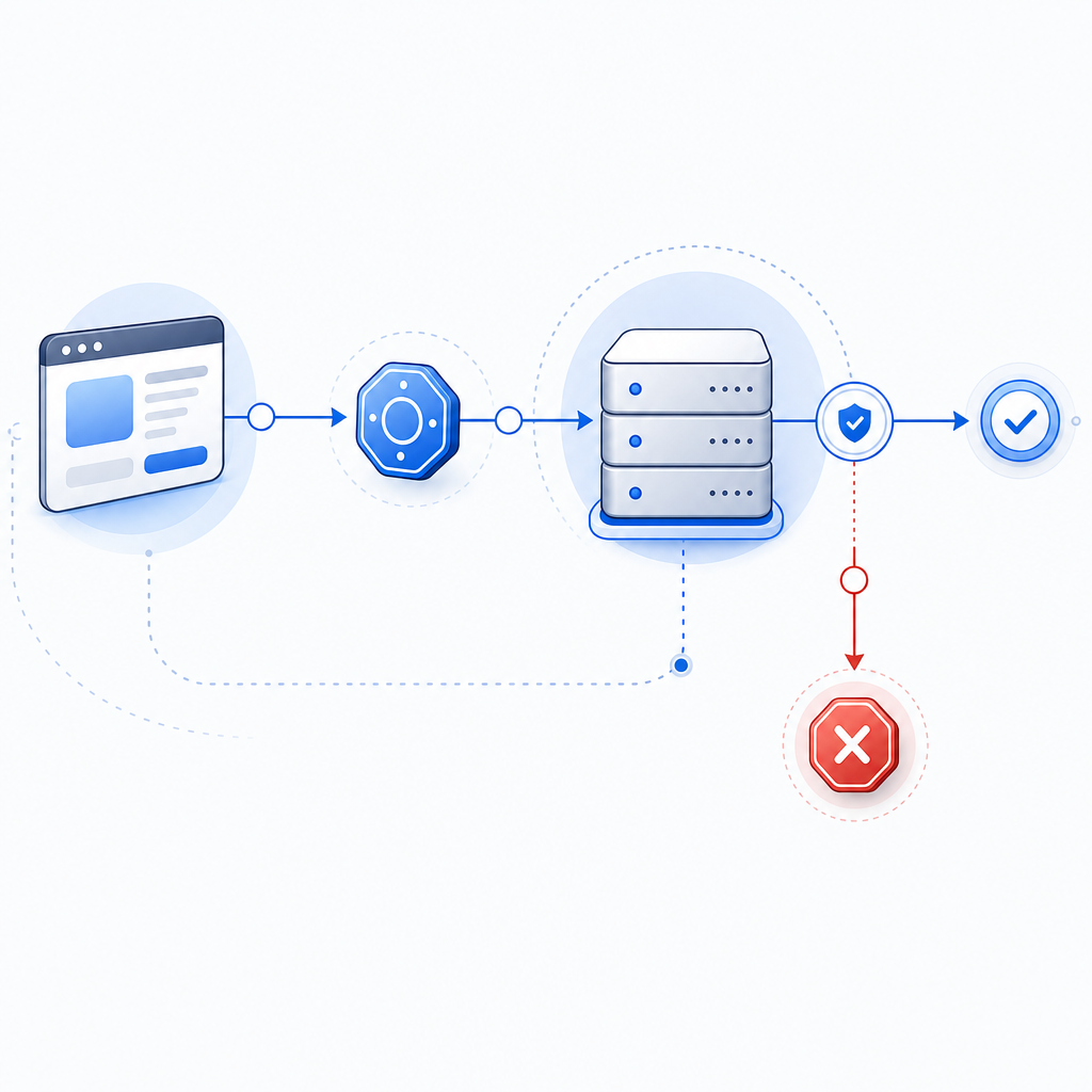 abstract flow diagram showing client token issuance, server validation, and erro