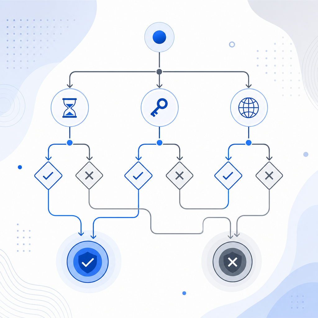 abstract decision tree of token age, secret match, and IP check leading to valid