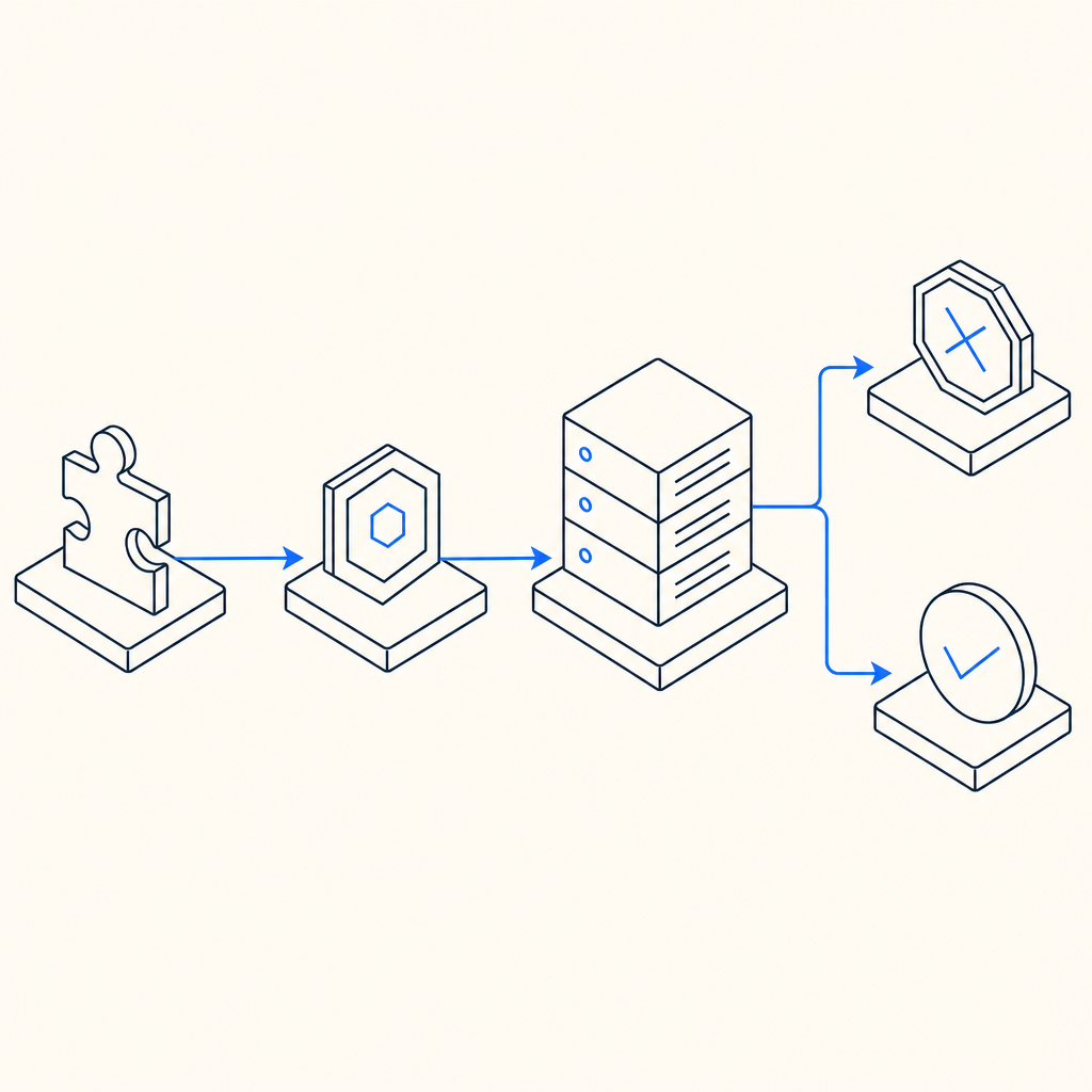 abstract flow diagram showing challenge, token, server validation, and reject/ac