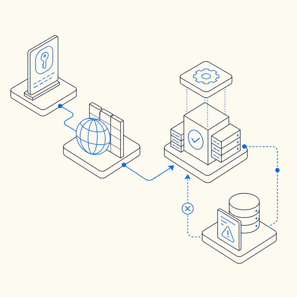 abstract layered diagram showing client token, proxy IP, validation API, and err