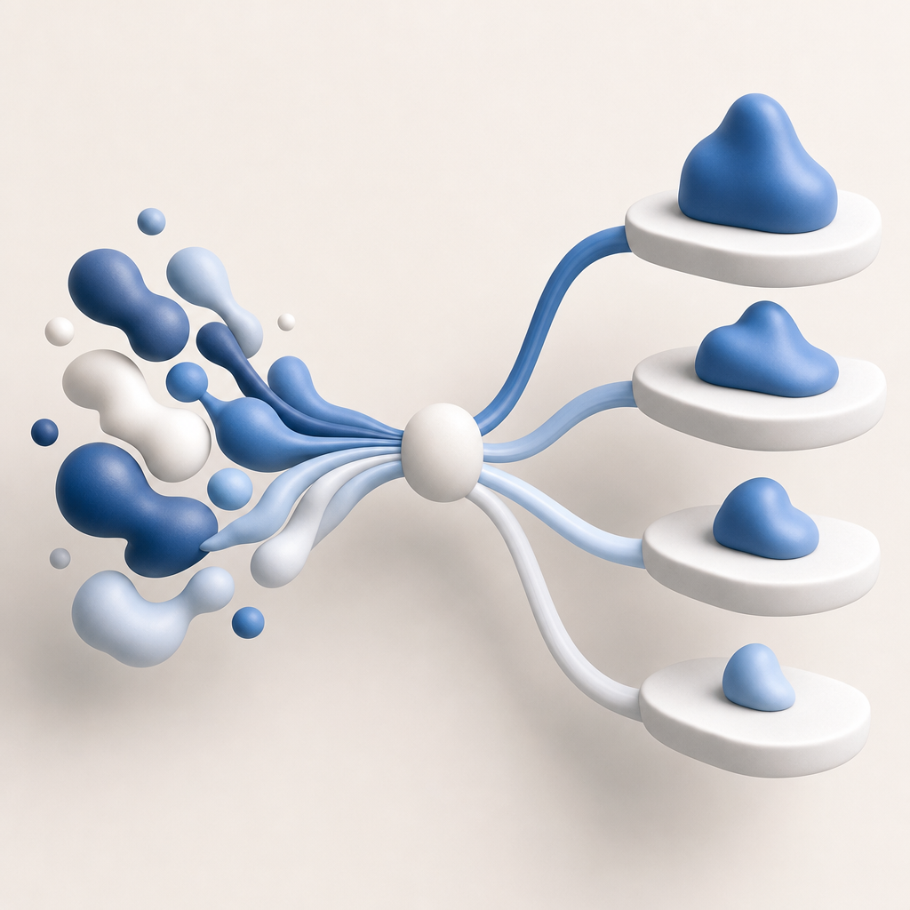 abstract decision flow showing risk signals branching into challenge placement