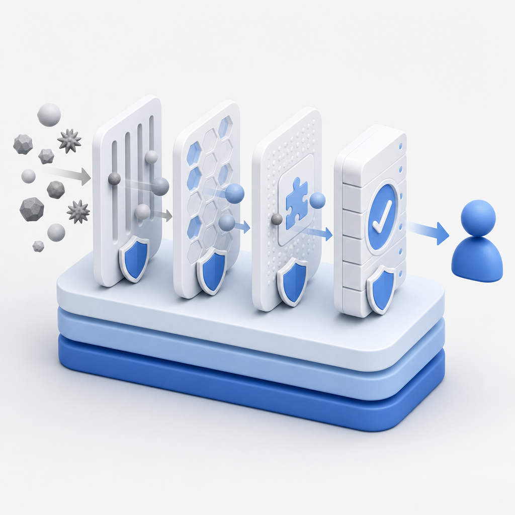 layered defense diagram with rate limits, reputation, CAPTCHA, and server valida