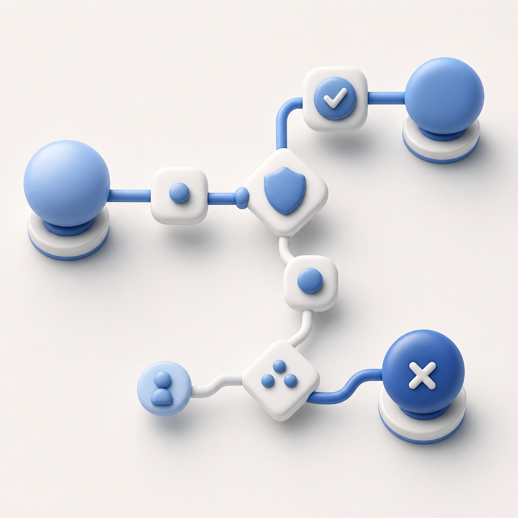 abstract decision-flow diagram showing request, risk checks, challenge, and allo
