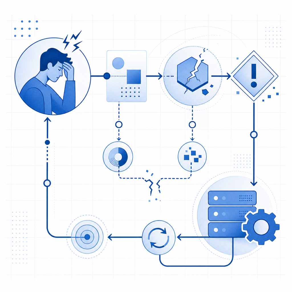 abstract diagram of user frustration and technical error flow