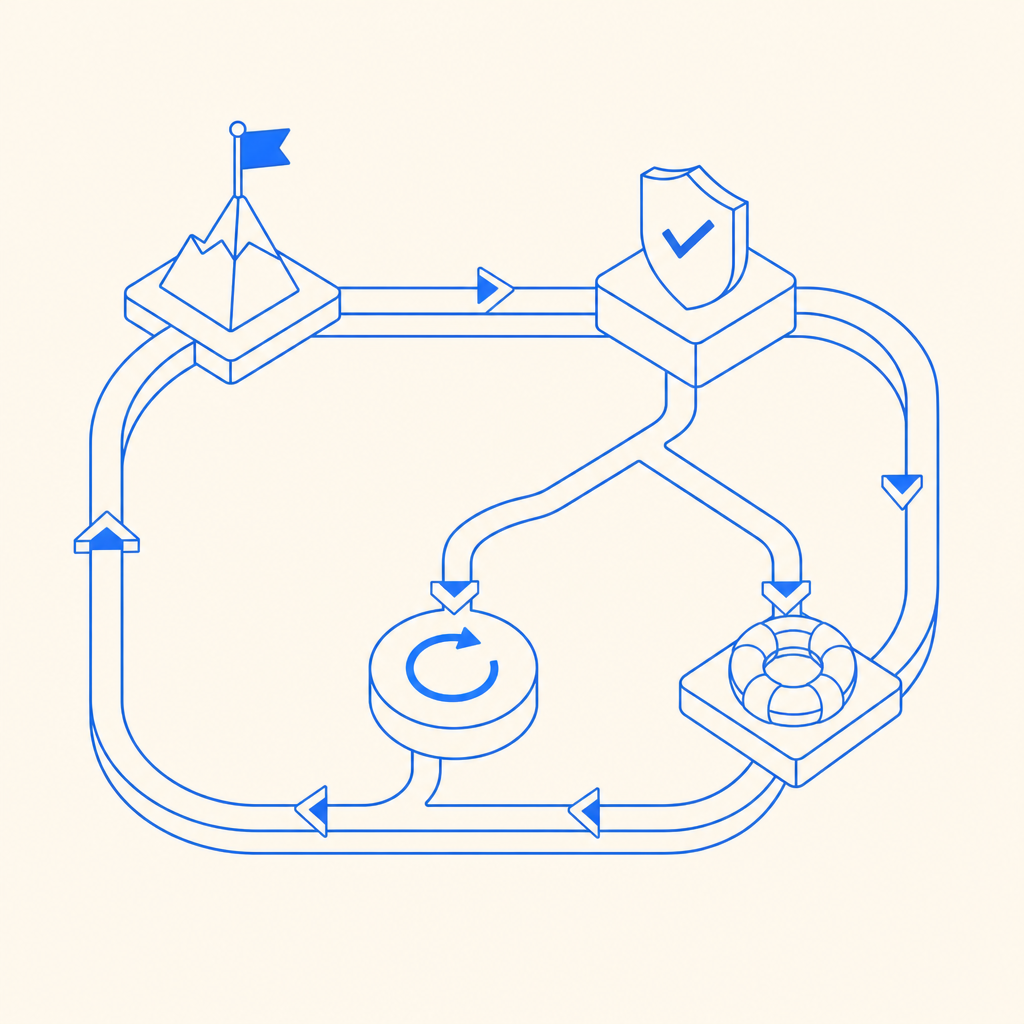 abstract loop diagram showing challenge, token validation, retry, and recovery b