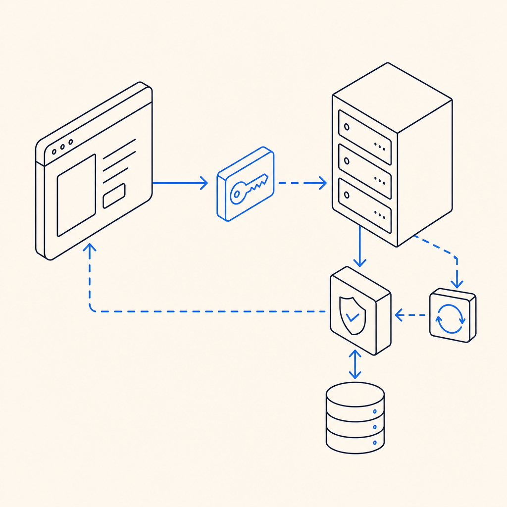 abstract client-server flow with browser, token, and validation arrows