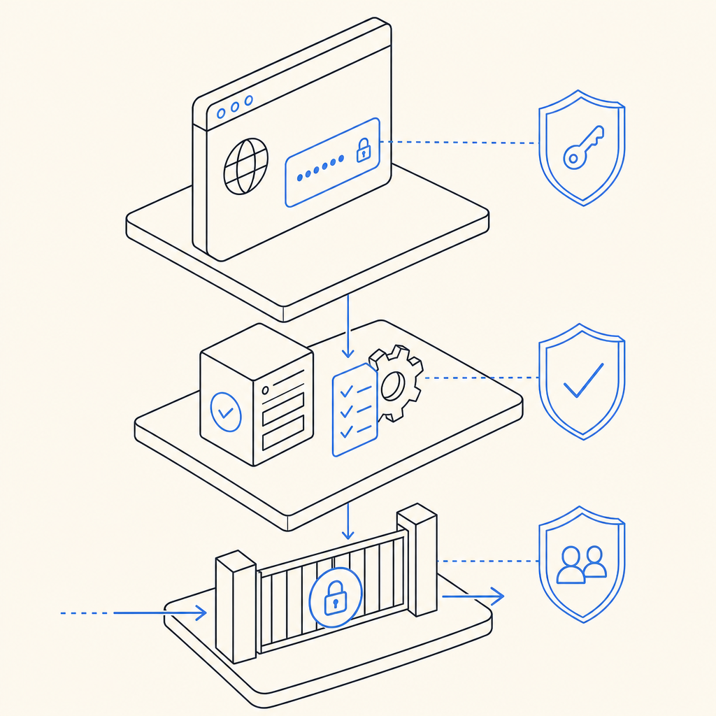 layered defense diagram with browser token, backend validation, and policy gate