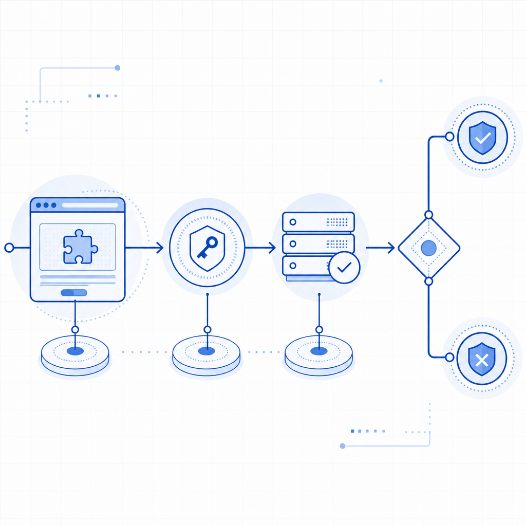 abstract flow diagram of browser challenge, token, backend validation, and allow
