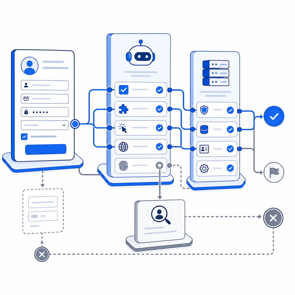 layered flow diagram showing applicant form, bot checks, and server validation p