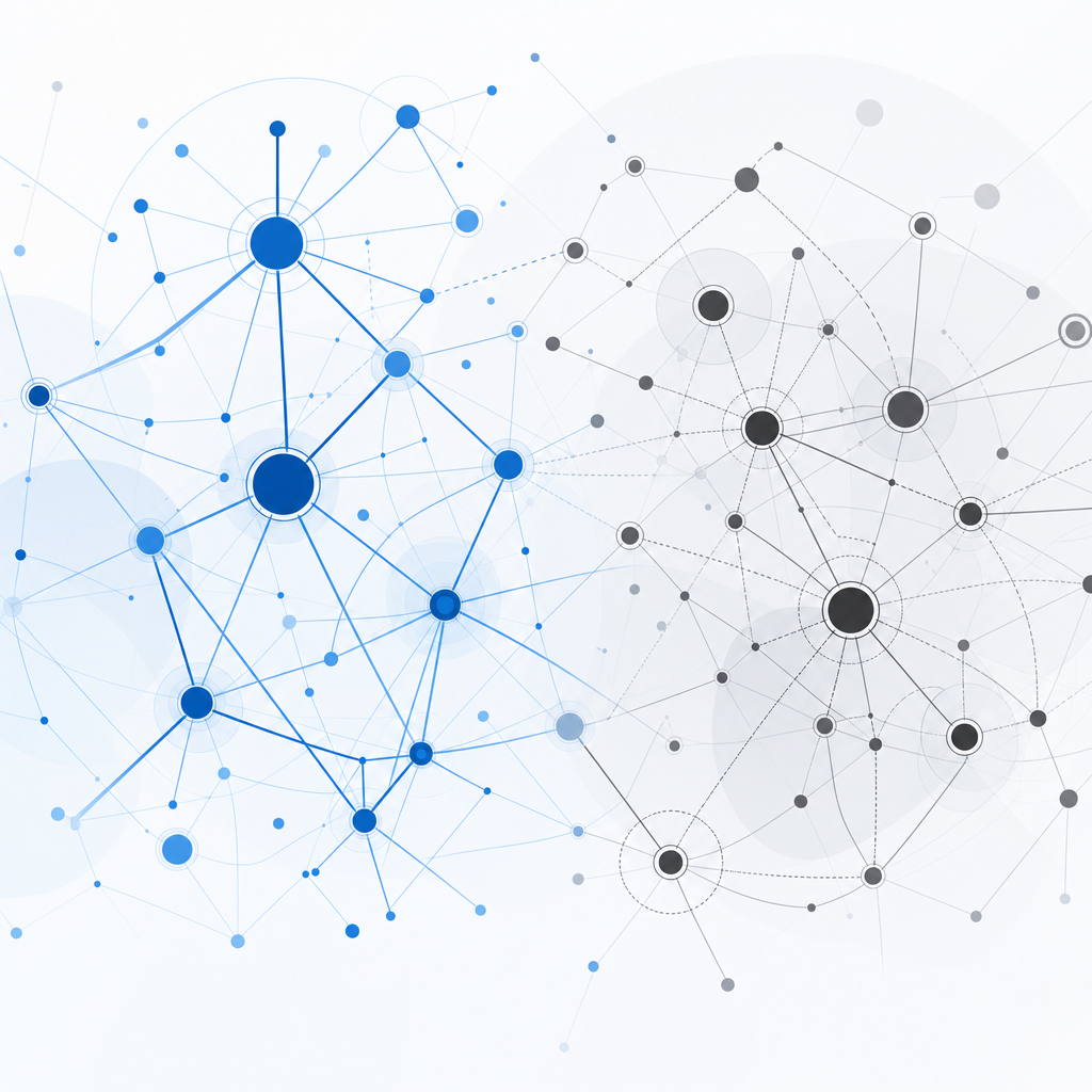 abstract network of nodes representing legitimate and fake job connections