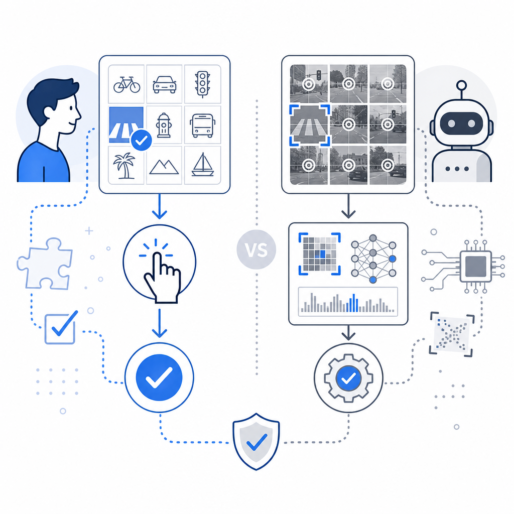 comparison diagram of human vs automated captcha verification techniques