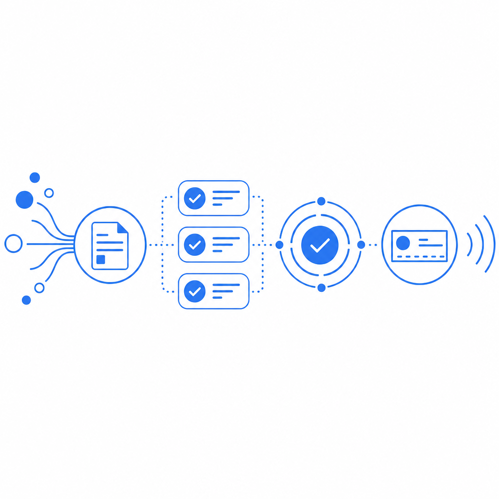 abstract flow of claims, verification steps, and payout checks