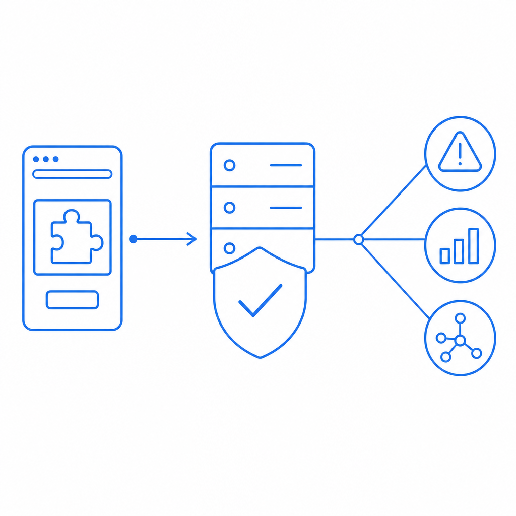 diagram of client challenge, server token validation, and risk signals