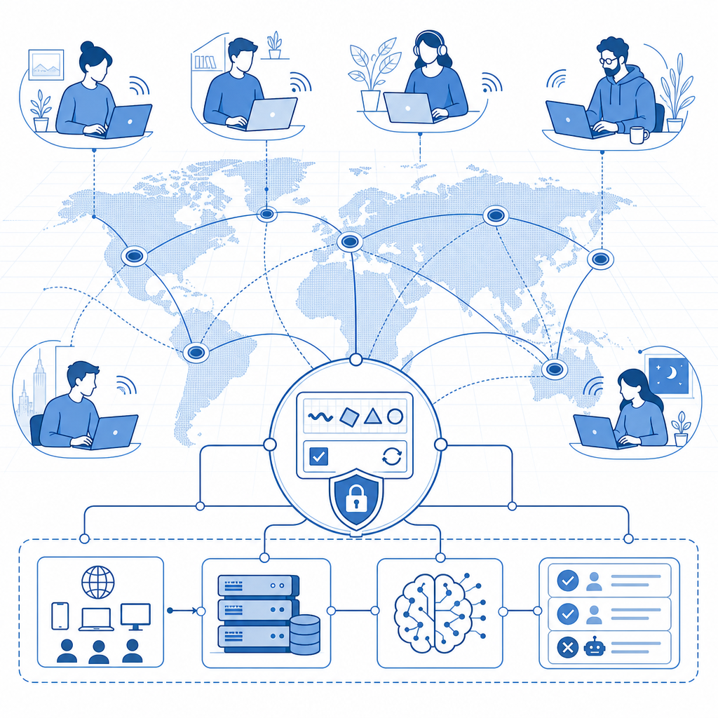 diagram showing distributed remote teams managing captcha systems worldwide
