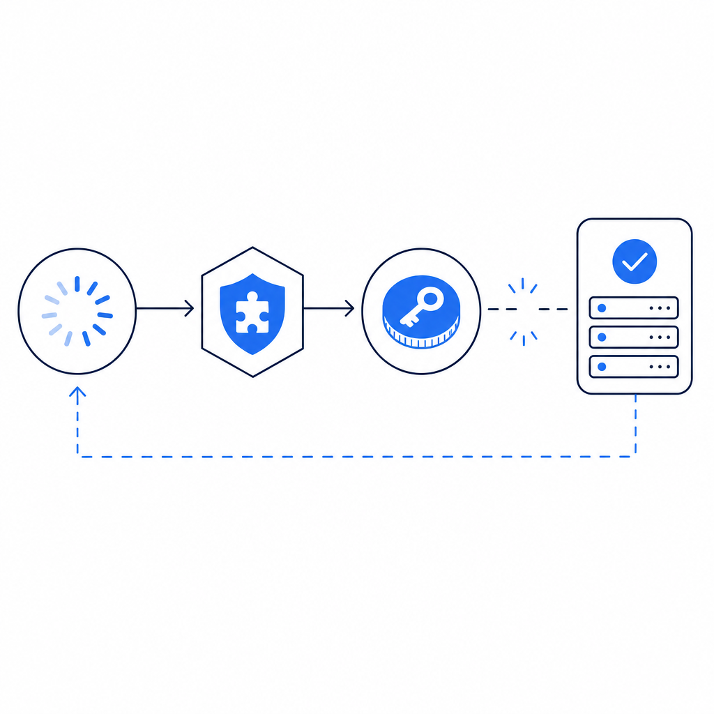 abstract flow diagram of loader, challenge, token, and backend validation with o